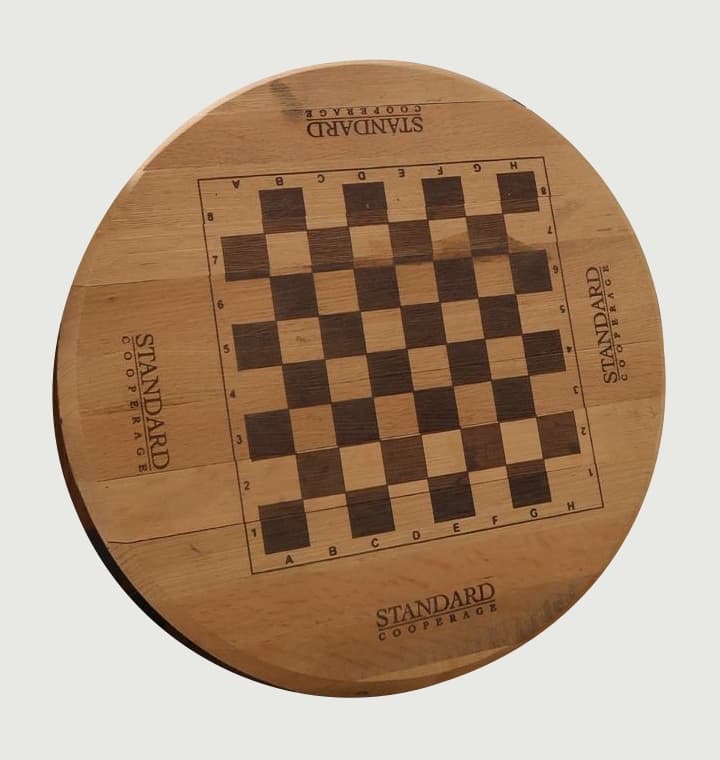 Custom laser-printed oak barrel head made by Standard Cooperage